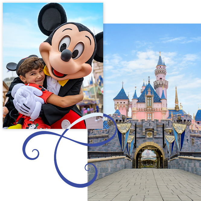 A collage image with Mickey Mouse character hugging a child at a Disney park and Cinderella's castle