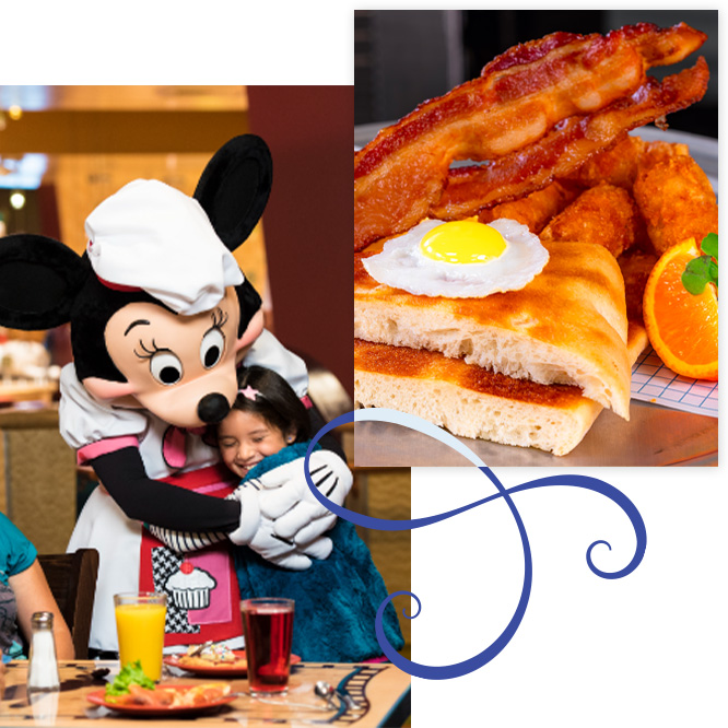 A collage image of a Minnie mouse character hugging a child in a Disney hotel restaurant and a closeup image of breakfast